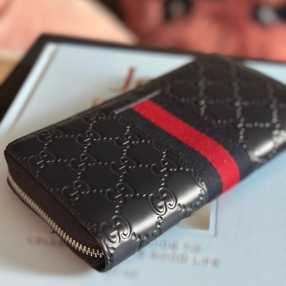 Gucci Blue w/ red and gold Embossed Leather Wallet